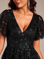 Short Sleeves Leaf Sequin A-Line Midi Formal Wedding Guest Dress - Image 37