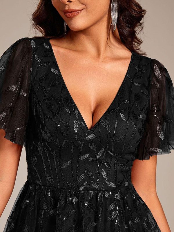 Short Sleeves Leaf Sequin A-Line Midi Formal Wedding Guest Dress - Image 37