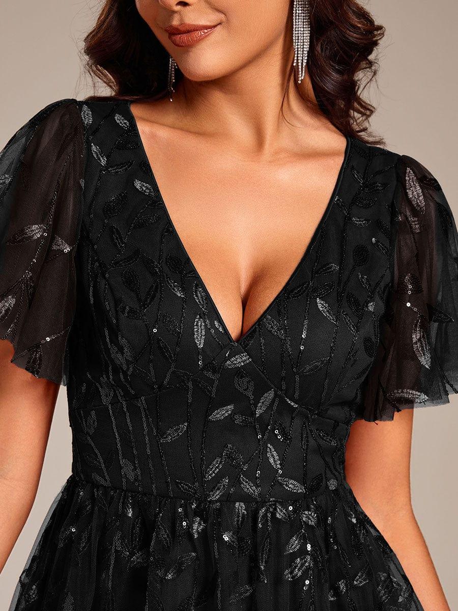 EG02230BK-R5 Short Sleeves Leaf Sequin A-Line Midi Formal Wedding Guest Dress - Image 37
