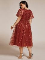 Short Sleeves Leaf Sequin A-Line Midi Formal Wedding Guest Dress - Image 49