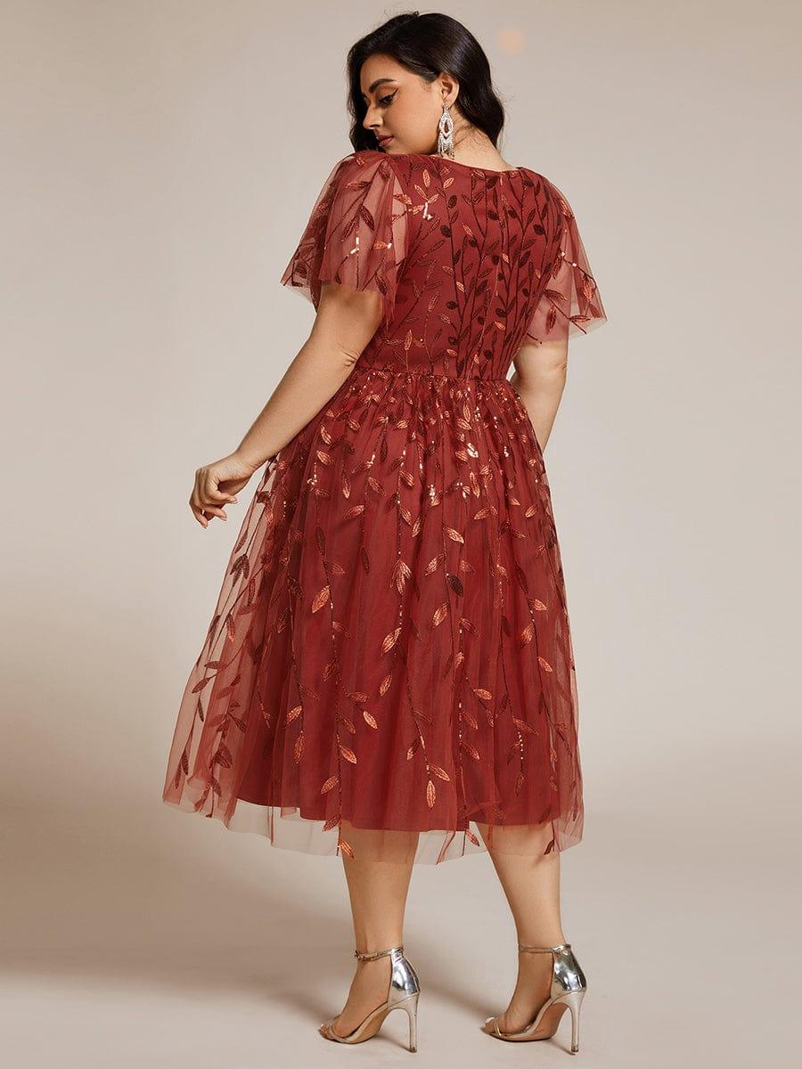 EG02230BO-PR2 Short Sleeves Leaf Sequin A-Line Midi Formal Wedding Guest Dress - Image 49