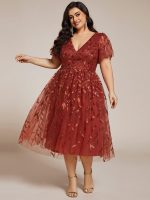 Short Sleeves Leaf Sequin A-Line Midi Formal Wedding Guest Dress - Image 48