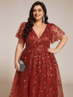 Short Sleeves Leaf Sequin A-Line Midi Formal Wedding Guest Dress - Image 50