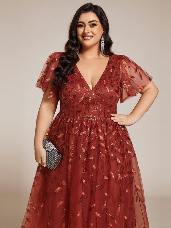 Short Sleeves Leaf Sequin A-Line Midi Formal Wedding Guest Dress - Image 50