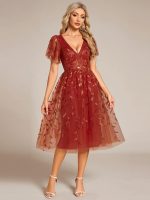Short Sleeves Leaf Sequin A-Line Midi Formal Wedding Guest Dress - Image 47