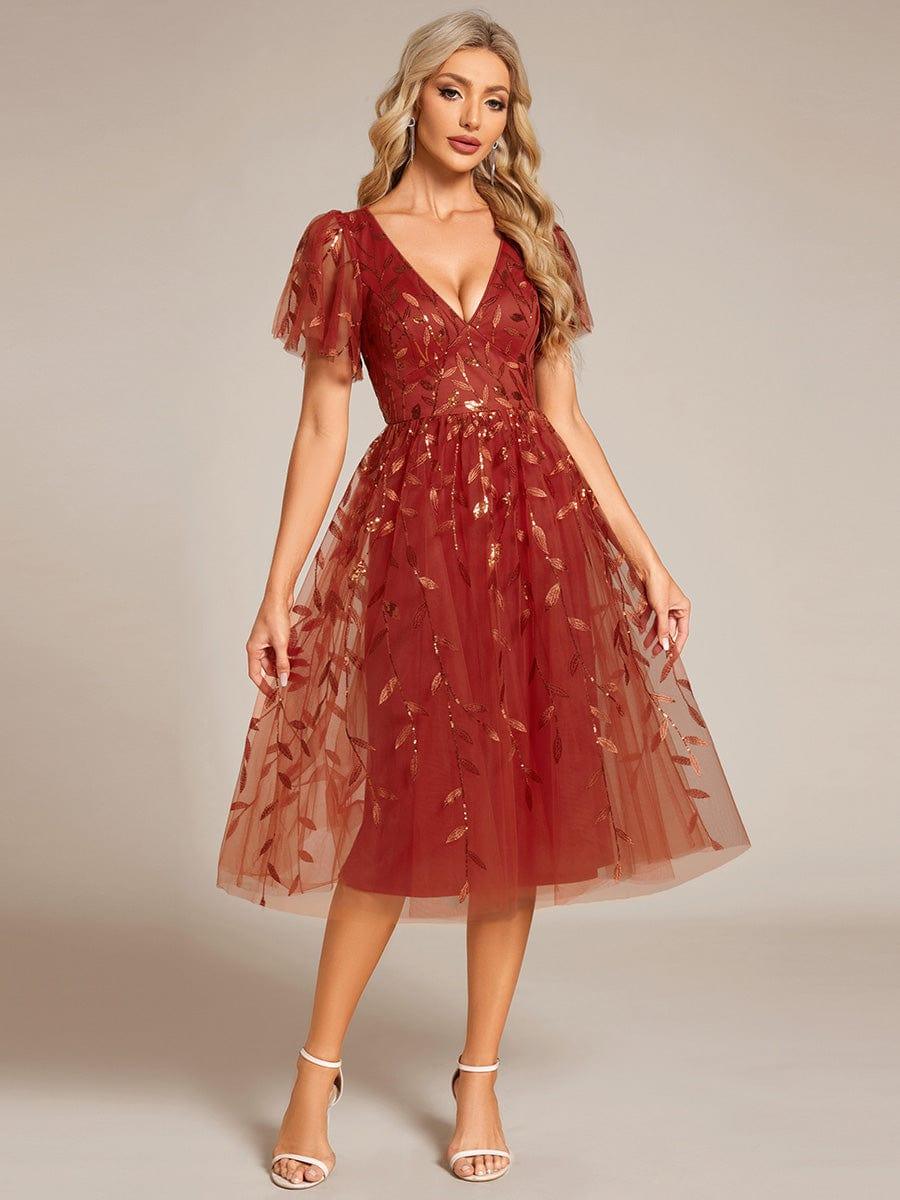 EG02230BO-R Short Sleeves Leaf Sequin A-Line Midi Formal Wedding Guest Dress - Image 47