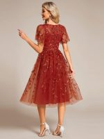 Short Sleeves Leaf Sequin A-Line Midi Formal Wedding Guest Dress - Image 44
