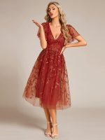 Short Sleeves Leaf Sequin A-Line Midi Formal Wedding Guest Dress - Image 43