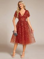 Short Sleeves Leaf Sequin A-Line Midi Formal Wedding Guest Dress - Image 46