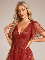 Short Sleeves Leaf Sequin A-Line Midi Formal Wedding Guest Dress - Image 45