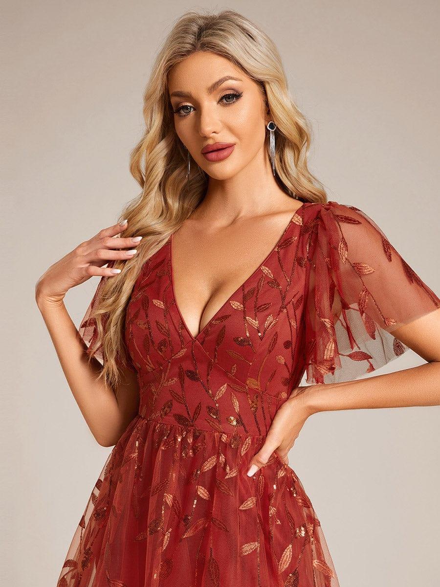 EG02230BO-R5 Short Sleeves Leaf Sequin A-Line Midi Formal Wedding Guest Dress - Image 45
