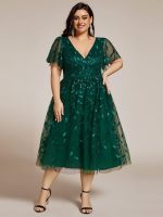 Short Sleeves Leaf Sequin A-Line Midi Formal Wedding Guest Dress - Image 56