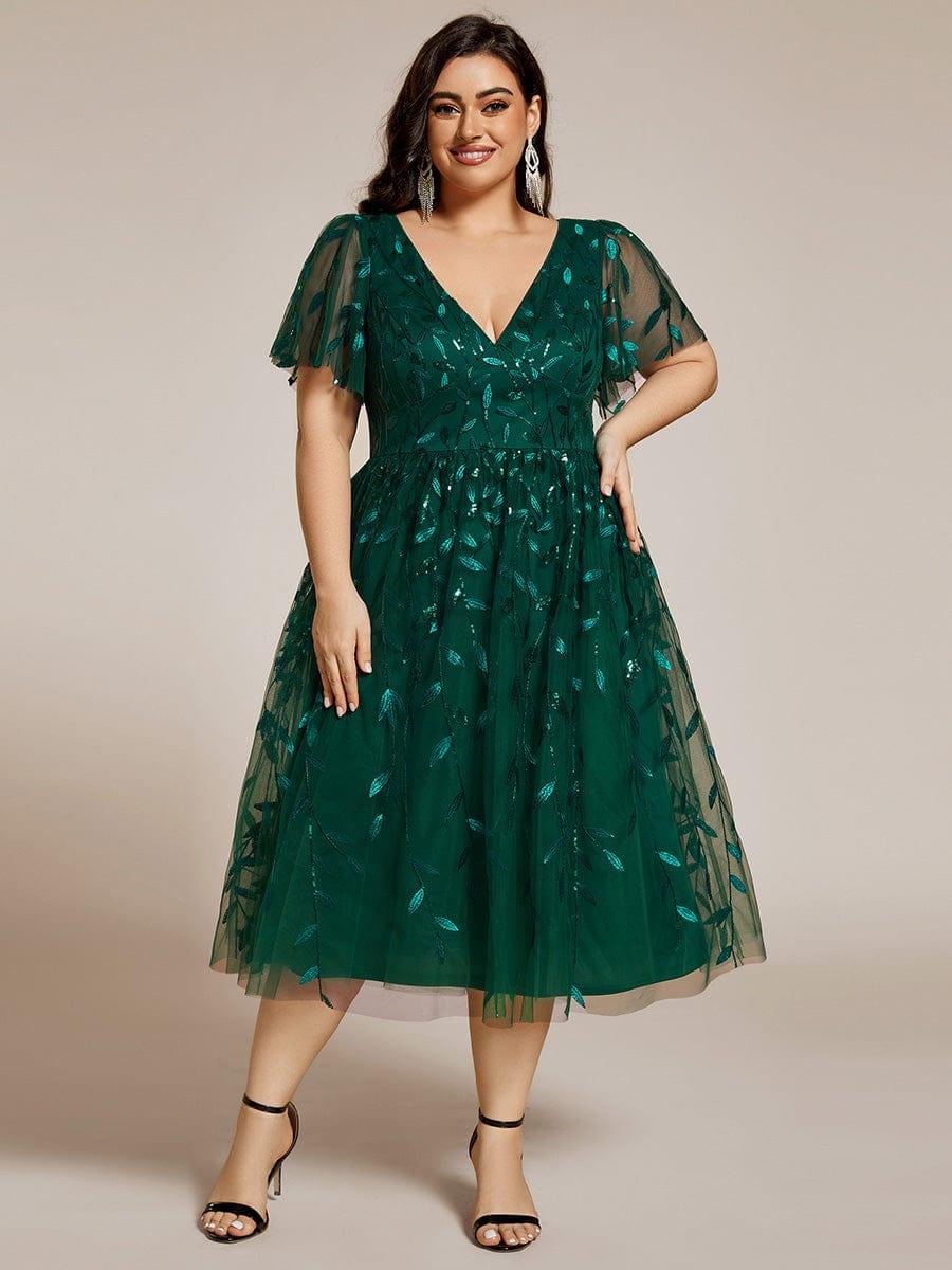 EG02230DG-PR Short Sleeves Leaf Sequin A-Line Midi Formal Wedding Guest Dress - Image 56