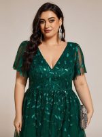 Short Sleeves Leaf Sequin A-Line Midi Formal Wedding Guest Dress - Image 58