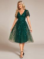 Short Sleeves Leaf Sequin A-Line Midi Formal Wedding Guest Dress - Image 54
