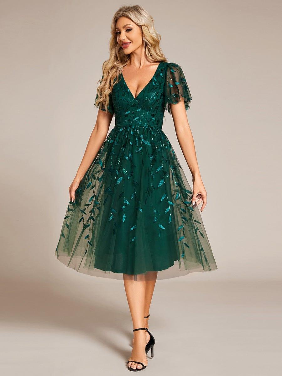 EG02230DG-R Short Sleeves Leaf Sequin A-Line Midi Formal Wedding Guest Dress - Image 54