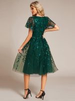 Short Sleeves Leaf Sequin A-Line Midi Formal Wedding Guest Dress - Image 52