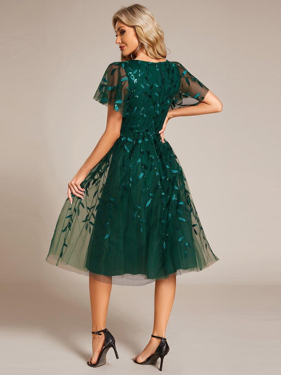 EG02230DG-R2 Short Sleeves Leaf Sequin A-Line Midi Formal Wedding Guest Dress - Image 52