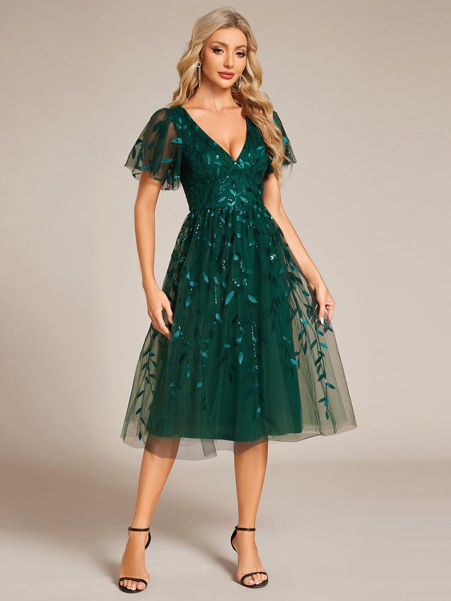 EG02230DG-R3 Short Sleeves Leaf Sequin A-Line Midi Formal Wedding Guest Dress - Image 55