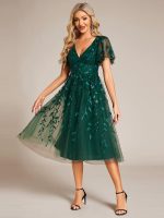 Short Sleeves Leaf Sequin A-Line Midi Formal Wedding Guest Dress - Image 51