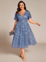 Short Sleeves Leaf Sequin A-Line Midi Formal Wedding Guest Dress - Image 71