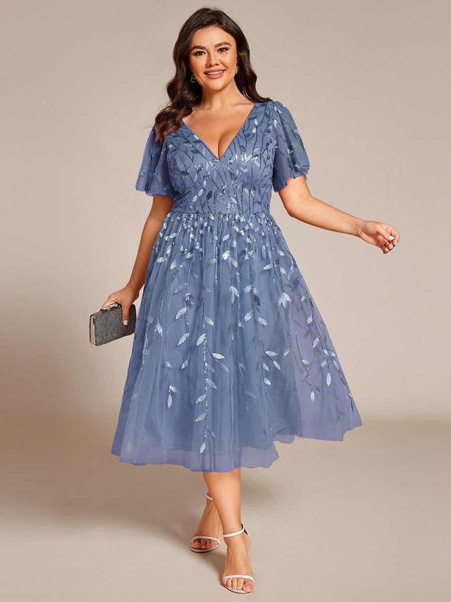 EG02230DN-PR Short Sleeves Leaf Sequin A-Line Midi Formal Wedding Guest Dress - Image 71