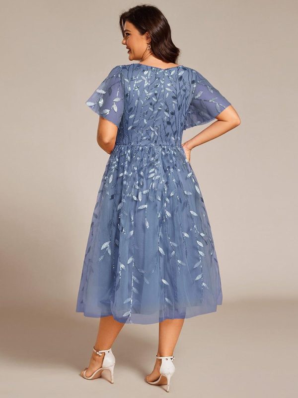 Short Sleeves Leaf Sequin A-Line Midi Formal Wedding Guest Dress - Image 72