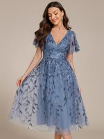 Short Sleeves Leaf Sequin A-Line Midi Formal Wedding Guest Dress - Image 69
