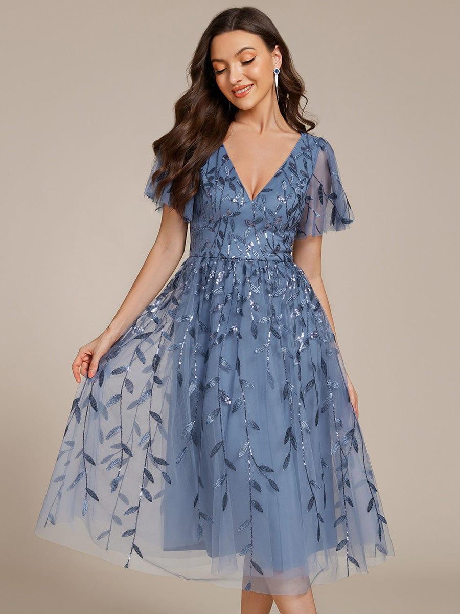 EG02230DN-R Short Sleeves Leaf Sequin A-Line Midi Formal Wedding Guest Dress - Image 69