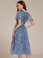 Short Sleeves Leaf Sequin A-Line Midi Formal Wedding Guest Dress - Image 2