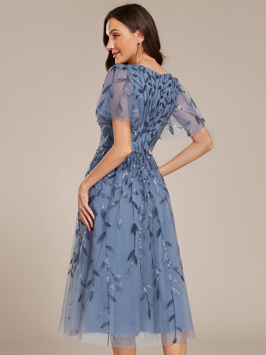EG02230DN-R2 Short Sleeves Leaf Sequin A-Line Midi Formal Wedding Guest Dress - Image 2