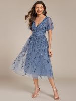 Short Sleeves Leaf Sequin A-Line Midi Formal Wedding Guest Dress - Image 70