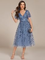 Short Sleeves Leaf Sequin A-Line Midi Formal Wedding Guest Dress