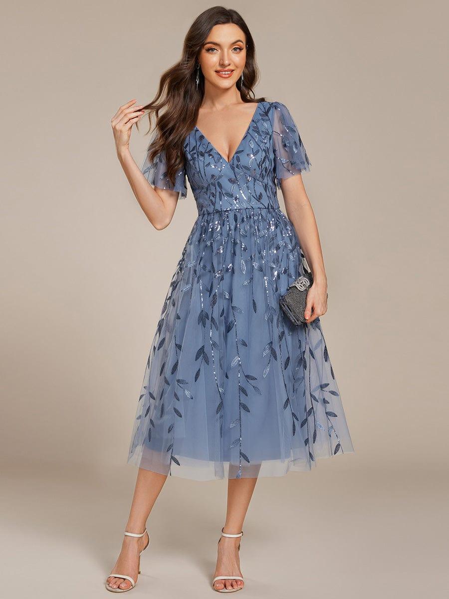 EG02230DN-R4 Short Sleeves Leaf Sequin A-Line Midi Formal Wedding Guest Dress - Image 1