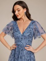 Short Sleeves Leaf Sequin A-Line Midi Formal Wedding Guest Dress - Image 68