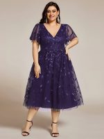 Short Sleeves Leaf Sequin A-Line Midi Formal Wedding Guest Dress - Image 107