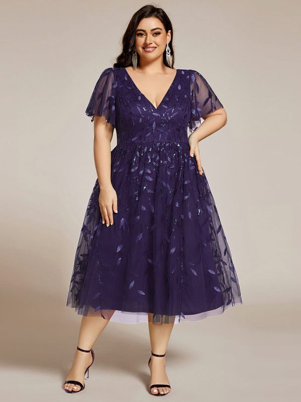Short Sleeves Leaf Sequin A-Line Midi Formal Wedding Guest Dress - Image 107