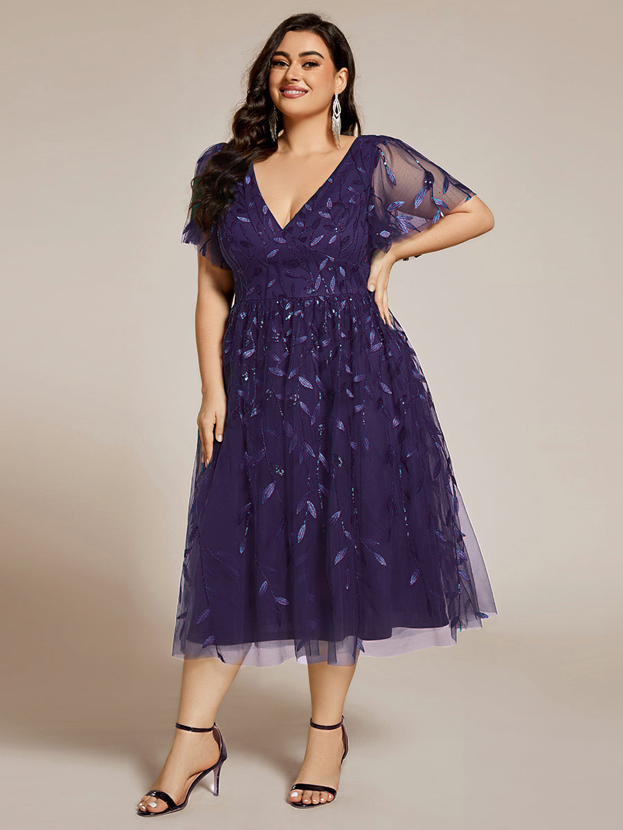 EG02230DP-PR3 Short Sleeves Leaf Sequin A-Line Midi Formal Wedding Guest Dress - Image 109
