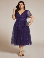 Short Sleeves Leaf Sequin A-Line Midi Formal Wedding Guest Dress - Image 110