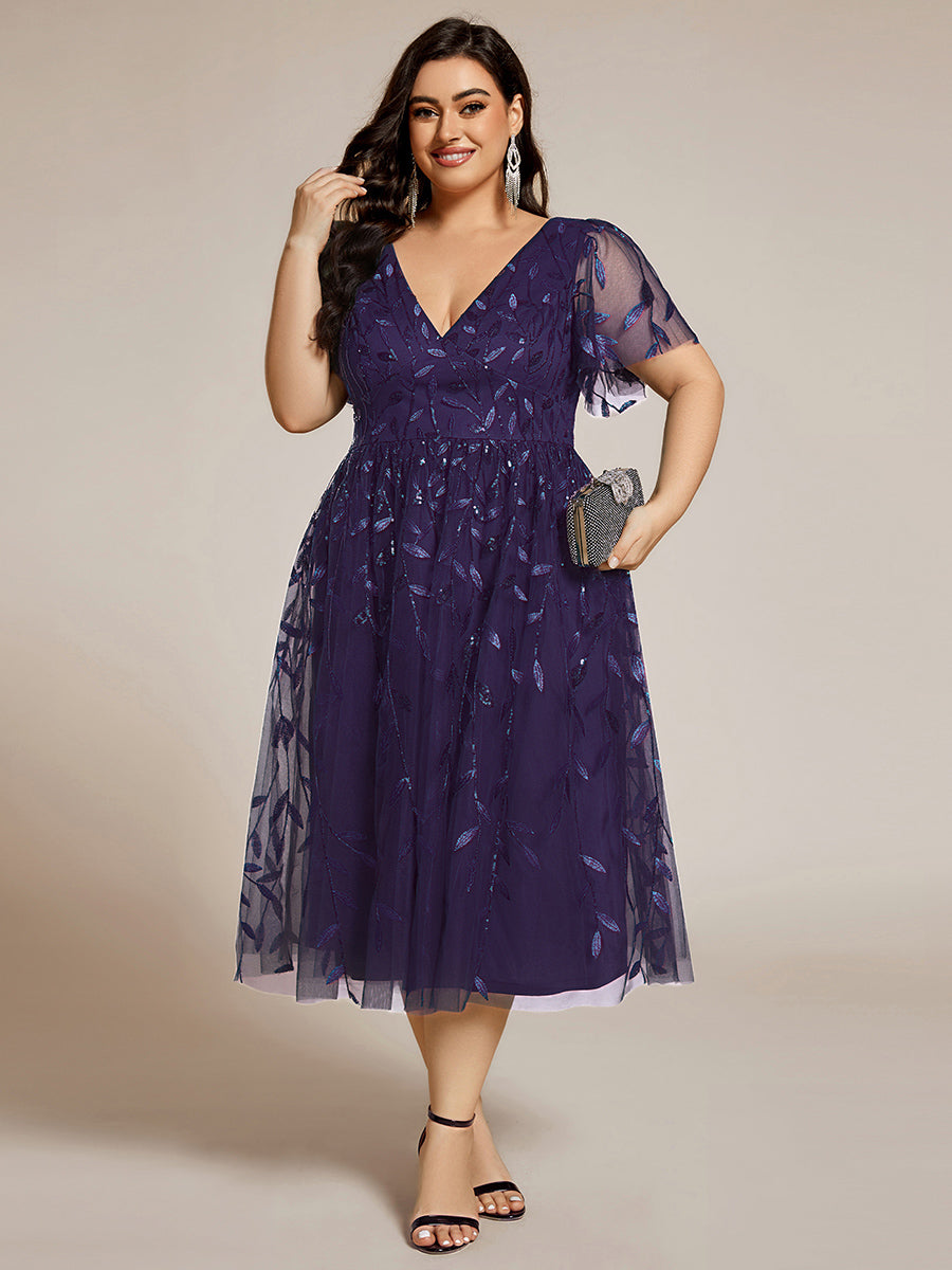 EG02230DP-PR4 Short Sleeves Leaf Sequin A-Line Midi Formal Wedding Guest Dress - Image 110
