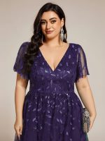 Short Sleeves Leaf Sequin A-Line Midi Formal Wedding Guest Dress - Image 111