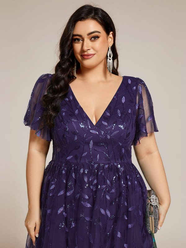 Short Sleeves Leaf Sequin A-Line Midi Formal Wedding Guest Dress - Image 111