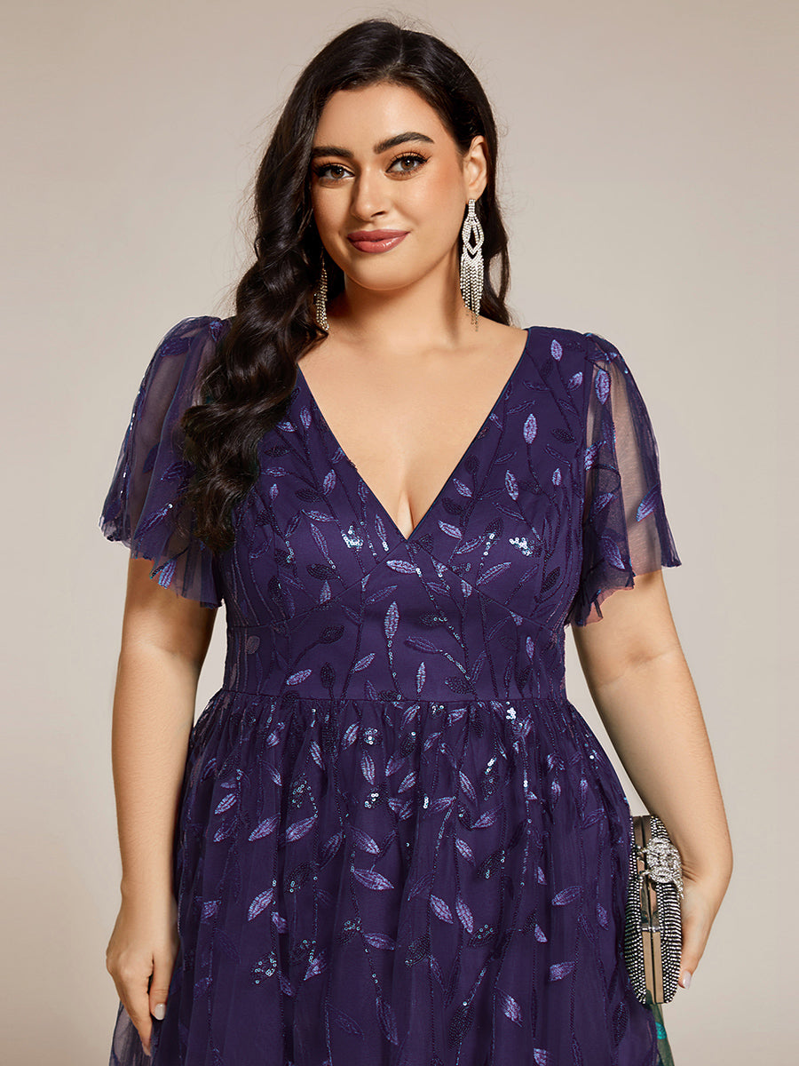 EG02230DP-PR5 Short Sleeves Leaf Sequin A-Line Midi Formal Wedding Guest Dress - Image 111