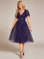 Short Sleeves Leaf Sequin A-Line Midi Formal Wedding Guest Dress - Image 102