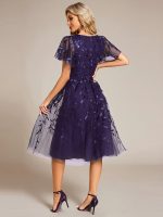 Short Sleeves Leaf Sequin A-Line Midi Formal Wedding Guest Dress - Image 103