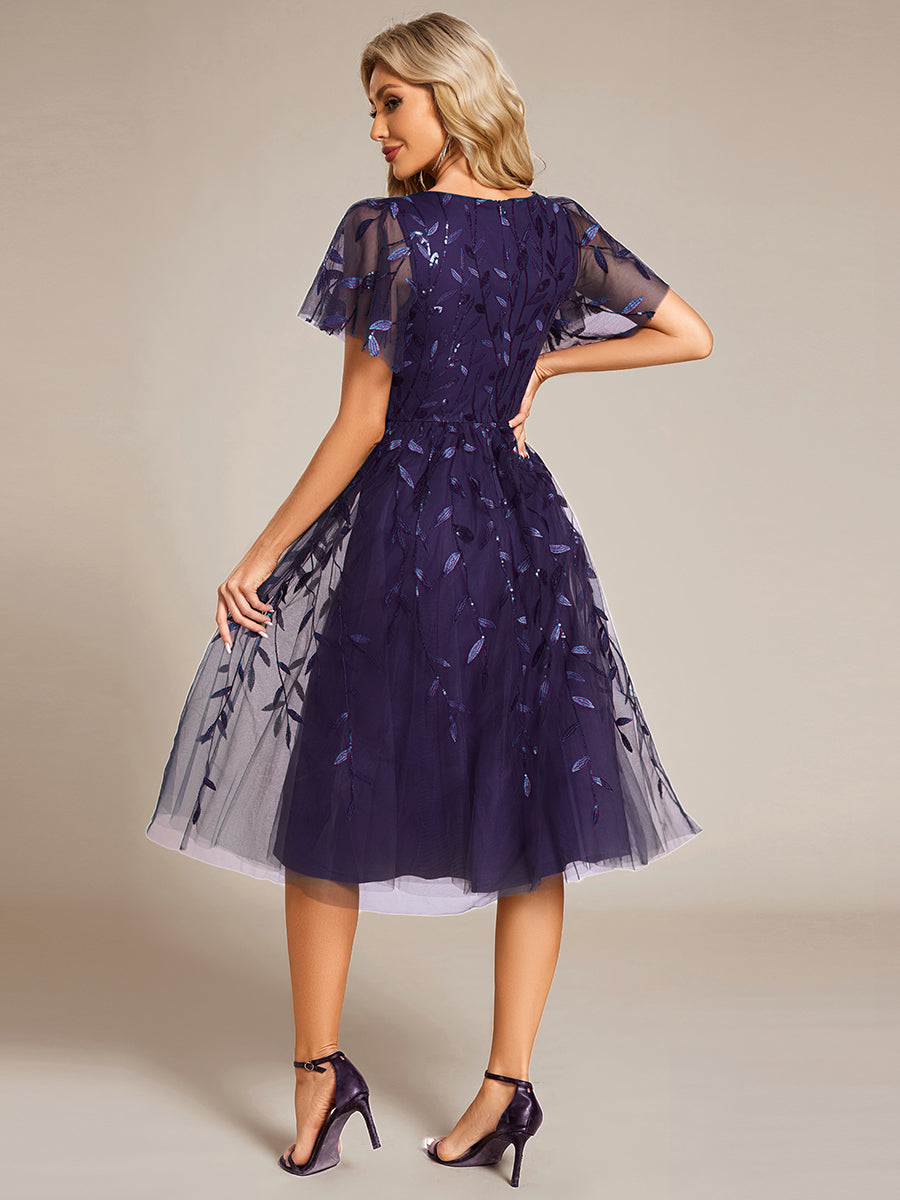 EG02230DP-R2 Short Sleeves Leaf Sequin A-Line Midi Formal Wedding Guest Dress - Image 103