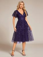 Short Sleeves Leaf Sequin A-Line Midi Formal Wedding Guest Dress - Image 104