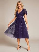 Short Sleeves Leaf Sequin A-Line Midi Formal Wedding Guest Dress - Image 105