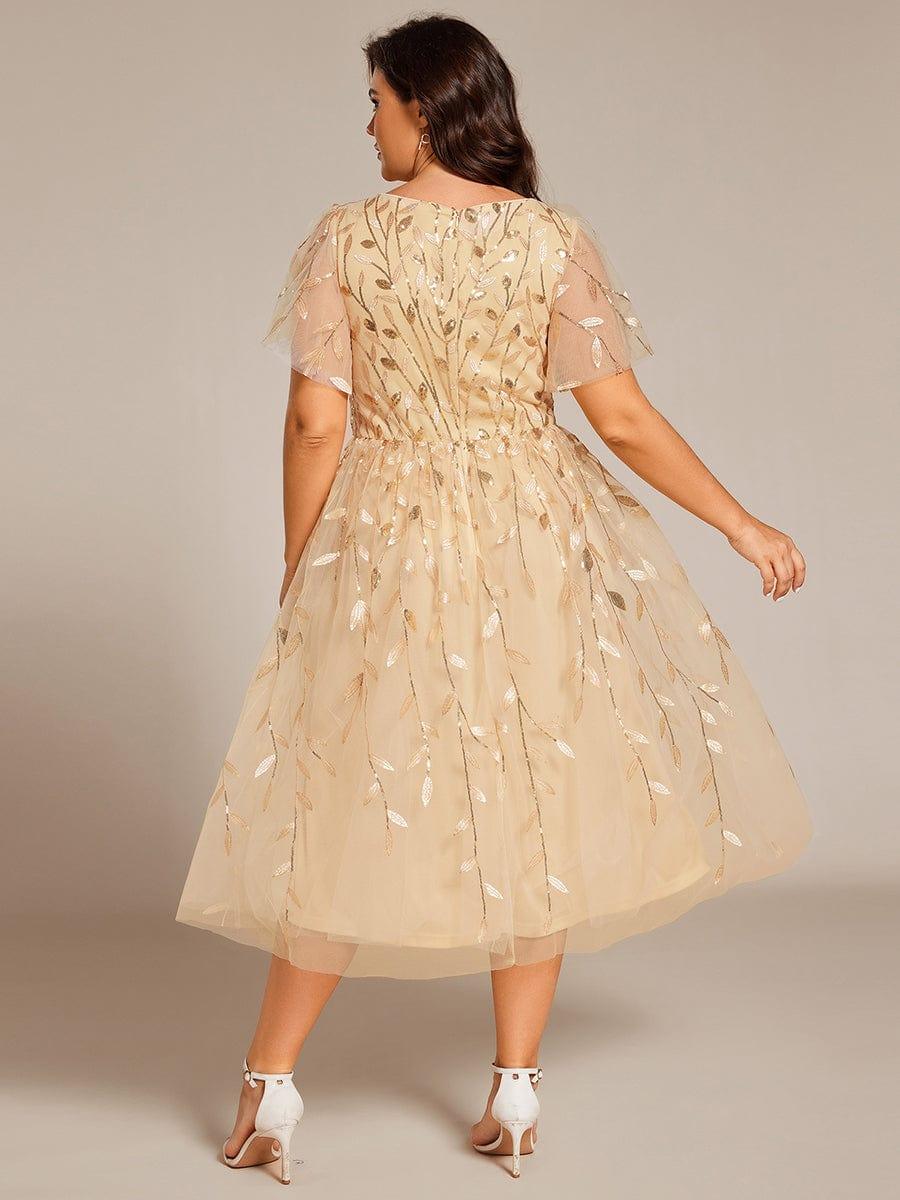 EG02230GD-PR2 Short Sleeves Leaf Sequin A-Line Midi Formal Wedding Guest Dress - Image 17