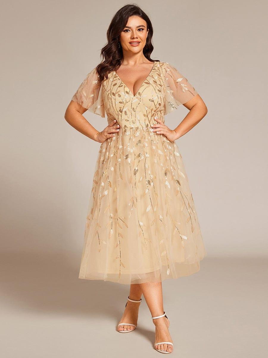 EG02230GD-PR3 Short Sleeves Leaf Sequin A-Line Midi Formal Wedding Guest Dress - Image 16